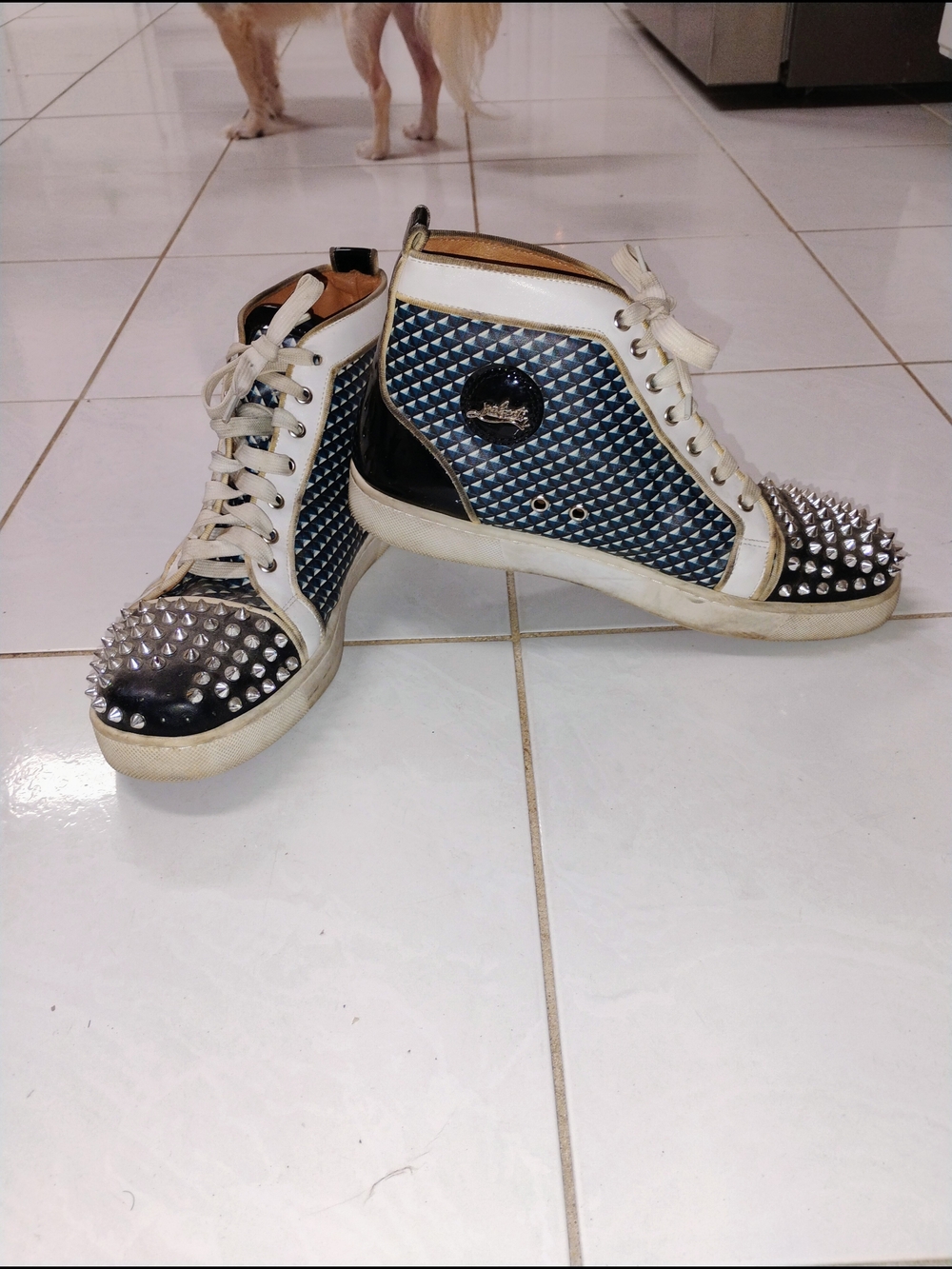 Christian Louboutin Studded High-Top Sneakers in Navy and White